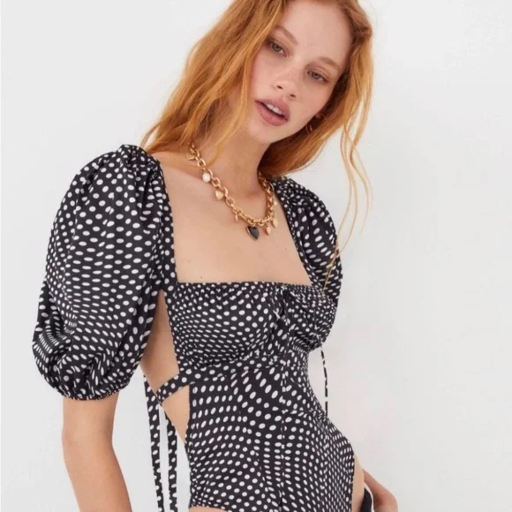Free People Dany Bodysuit NWT XL Black Polka Dot Puff Sleeve Cutout - Picture 11 of 12